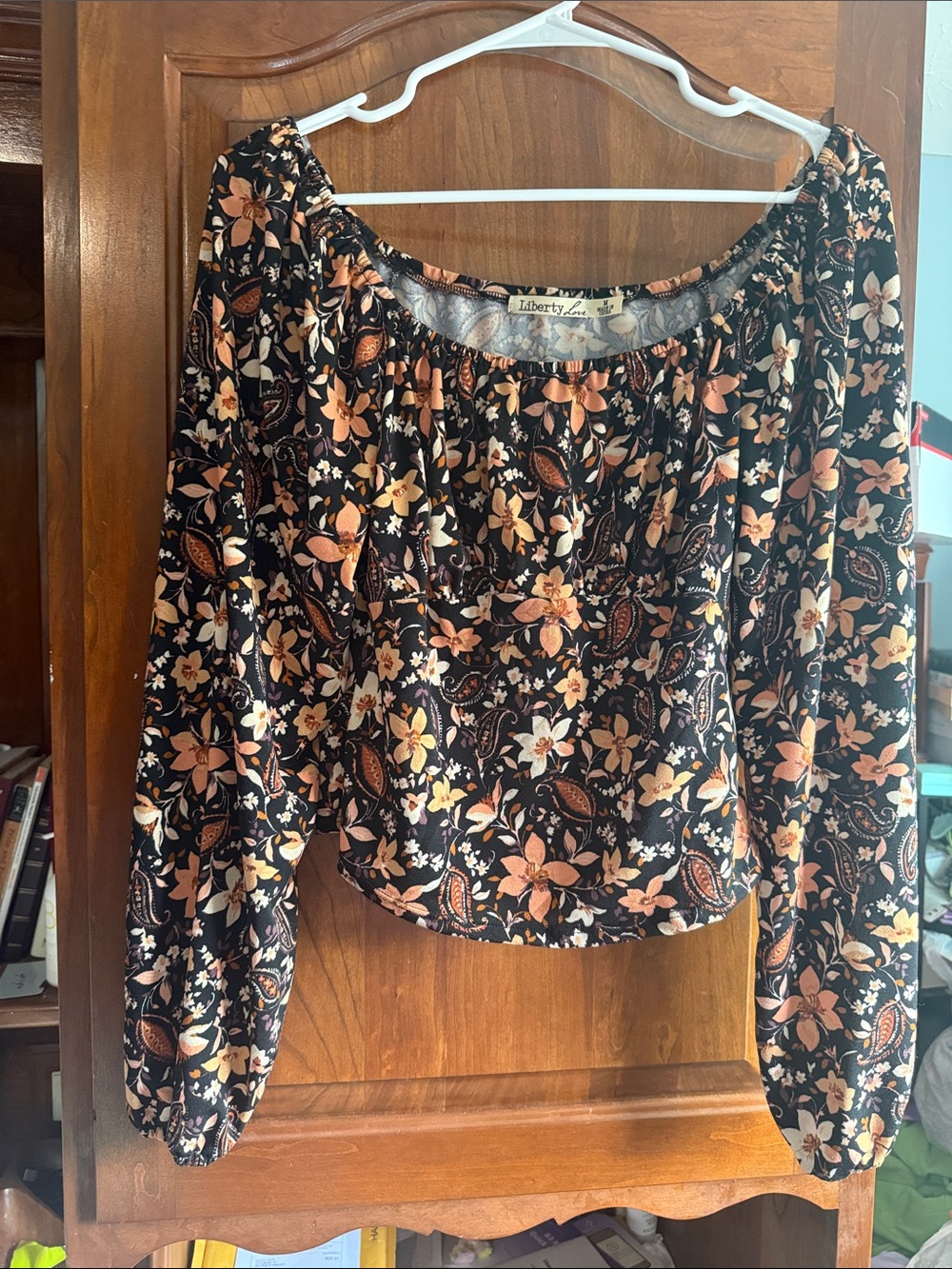 Liberty Love Black Floral Off-Shoulder Crop Top with Peach and Cream Blooms